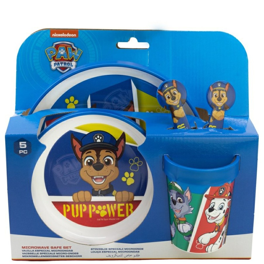 Patrulla Canina Set 5 Pcs Premium Two-Tone Non-Slip (Plate, Bowl, 260 Ml Glass And Cutlery) In Paw Patrol Pup Power Box | Children'S Tableware