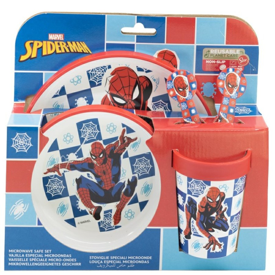 Spider-Man 5 Pcs Premium Two-Tone Non-Slip Set (Plate, Bowl, 260 Ml Glass And Cutlery) In Spiderman Arachnid Grid Box | Children'S Tableware