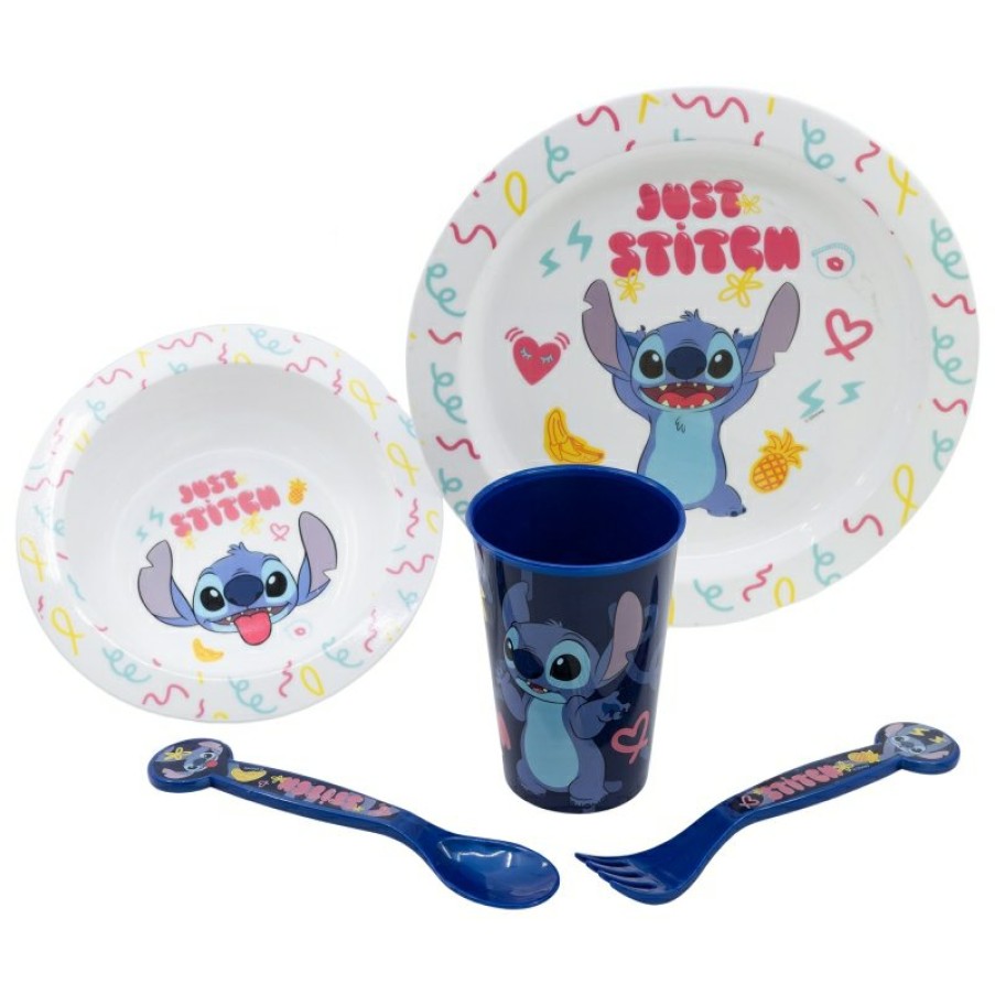 Stitch Micro 5 Pcs Set (Plate, Bowl, 260 Ml Glass And Cutlery) Stitch Palms | Children'S Tableware