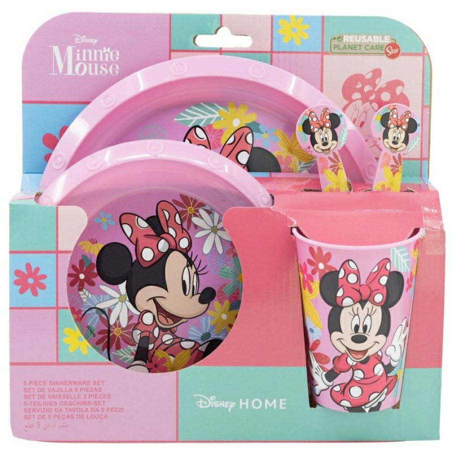 Minnie Mouse Easy 5 Pcs Set (Plate, Bowl, 260 Ml Glass And Cutlery) In Minnie Mouse Spring Look Case | Children'S Tableware