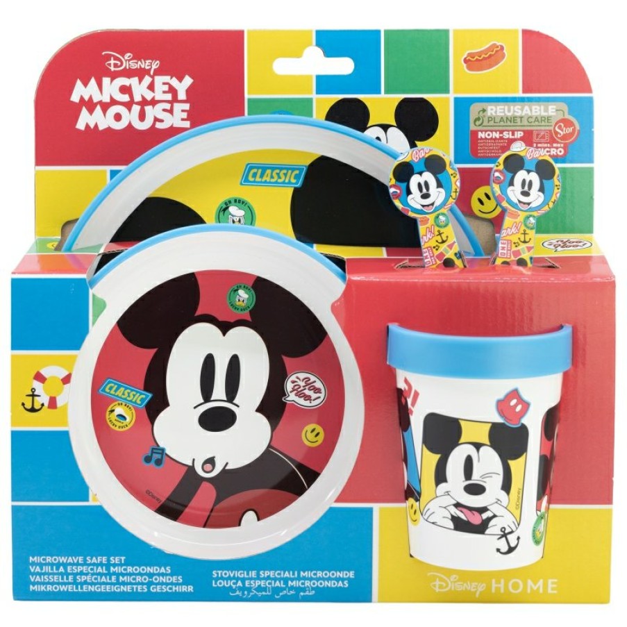 MicBest Mouse 5 Pcs Premium Two-Tone Non-Slip Set (Plate, Bowl, 260 Ml Glass And Cutlery) In Mickey Mouse Fun-Tastic Box | Children'S Tableware