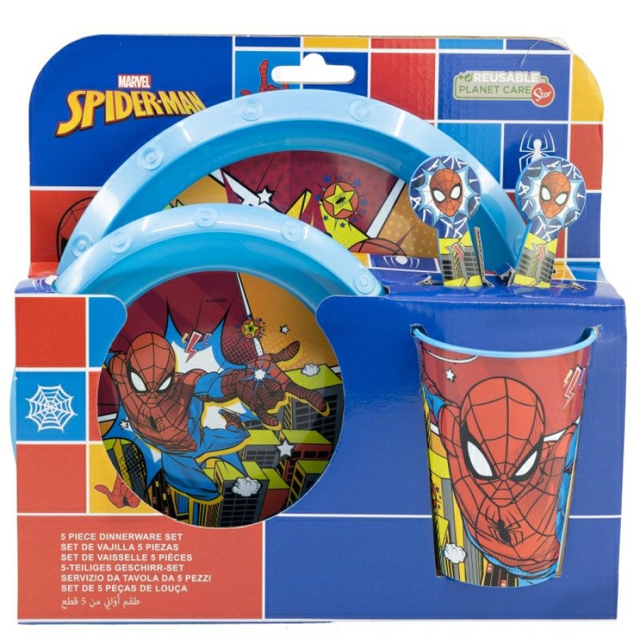 Spider-Man Easy 5 Pcs Set (Plate, Bowl, 260 Ml Glass And Cutlery) In Spiderman Midnight Flyer Case | Children'S Tableware