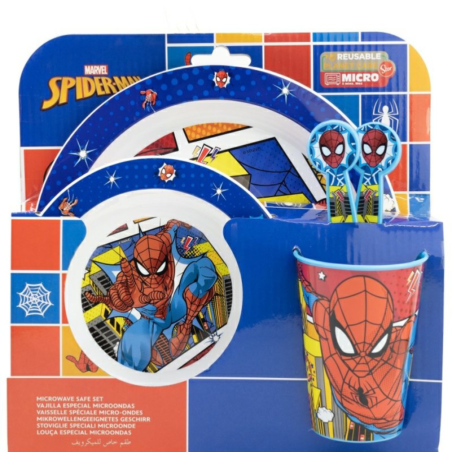 Spider-Man Micro 5 Pcs Set (Plate, Bowl, 260 Ml Glass And Cutlery) Spiderman Arachnid Grid | Children'S Tableware