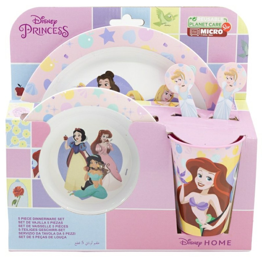 Princesas Micro 5 Pcs Set (Plate, Bowl, 260 Ml Glass And Cutlery) Disney Princess True | Children'S Tableware