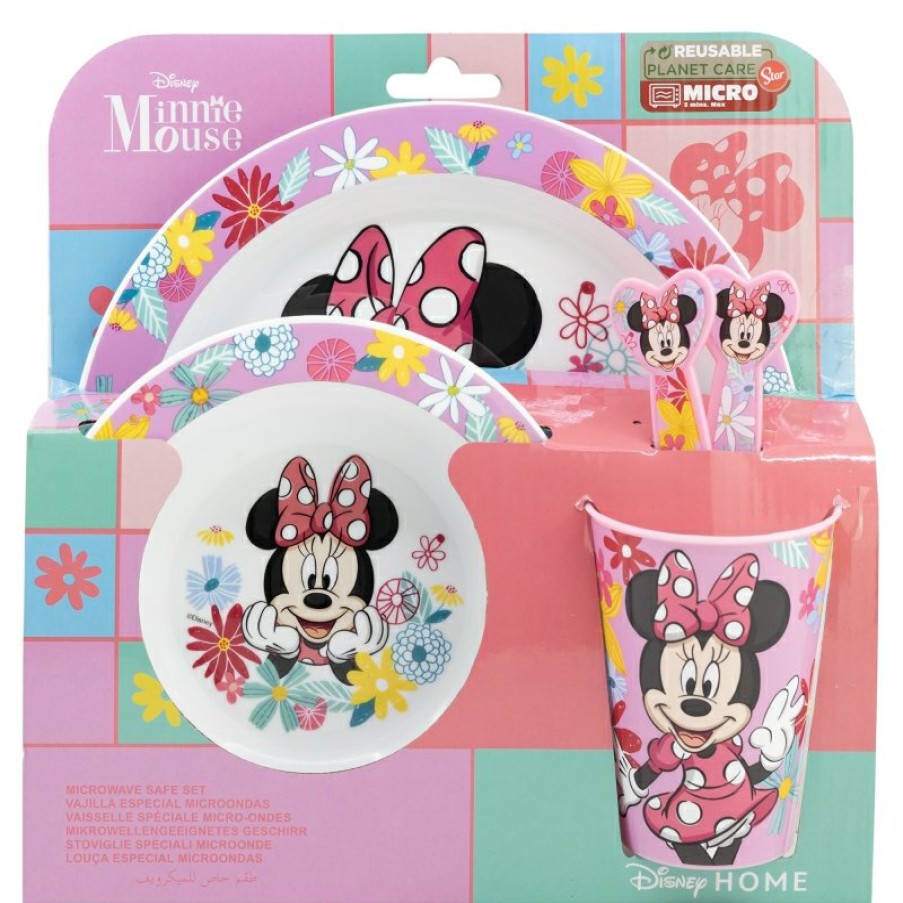 Minnie Mouse Micro 5 Pcs Set (Plate, Bowl, 260 Ml Glass And Cutlery) Minnie Mouse Spring Look | Children'S Tableware