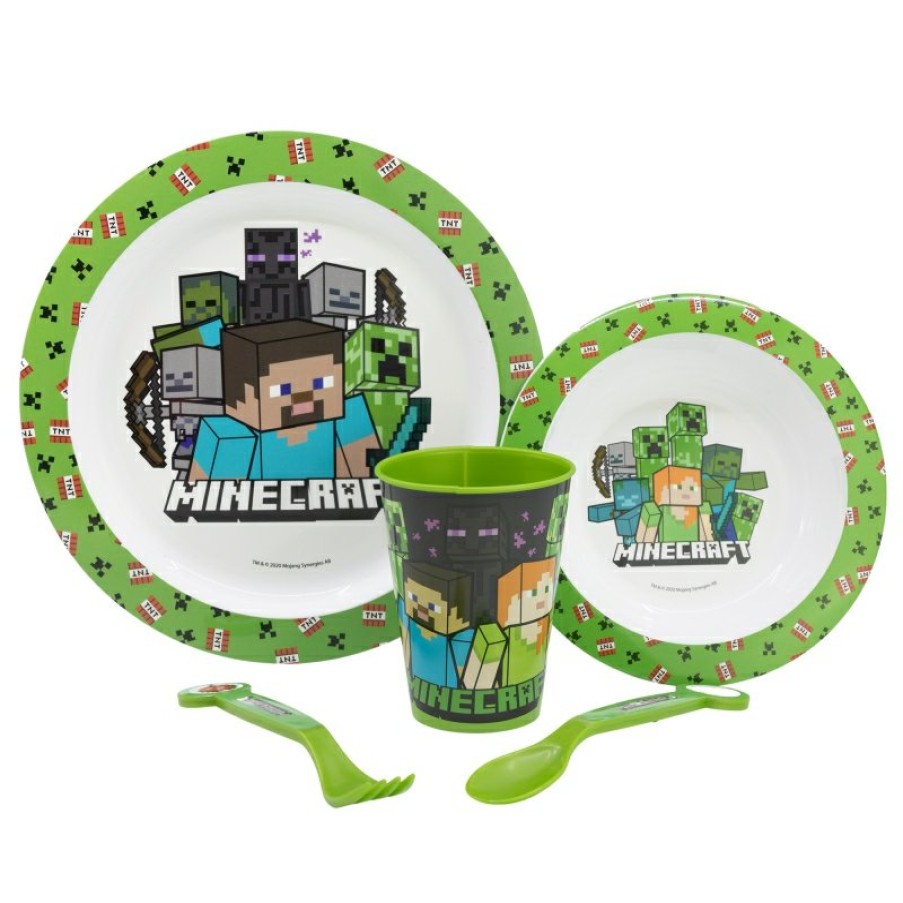 Minecraft Micro 5 Pcs Set (Plate, Bowl, 260 Ml Glass And Cutlery) Minecraft 2023 | Children'S Tableware