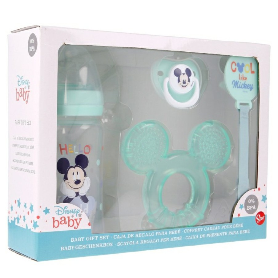 MicOnline Mouse Premium Set 4 Pcs (240 Ml Bottle, Anatomical Pacifier, Teether And Pacifier Holder) Cool Like Mickey | Gift Sets