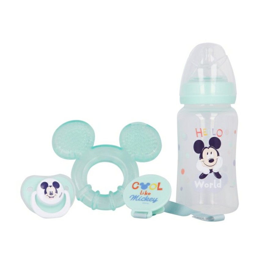 MicOnline Mouse Premium Set 4 Pcs (240 Ml Bottle, Anatomical Pacifier, Teether And Pacifier Holder) Cool Like Mickey | Gift Sets