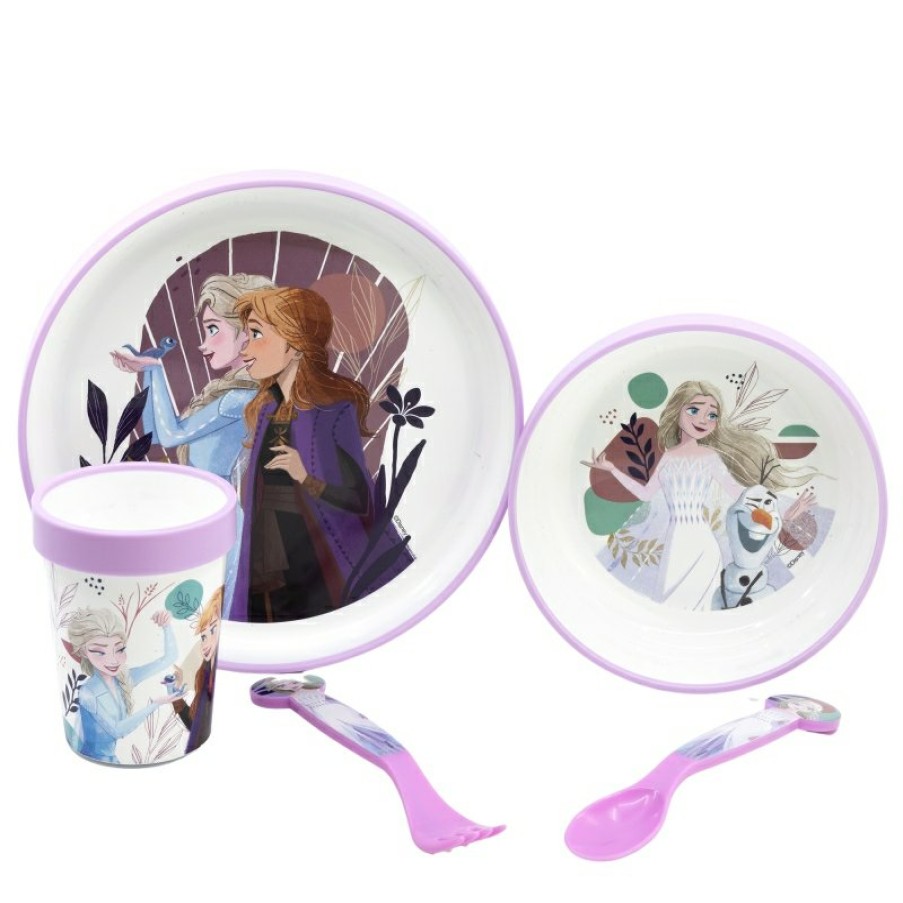 Frozen 5 Pcs Premium Two-Tone Non-Slip Set (Plate, Bowl, 260 Ml Glass And Cutlery) In Frozen Trust The Journey Box | Children'S Tableware